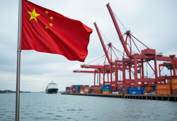 Chinese Flag Waving Near Busy Cargo Port with Container Ships and Cranes