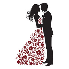 Romantic Couple Silhouette with Floral Dress – Love Vector Illustration for Wedding & Valentine Designs