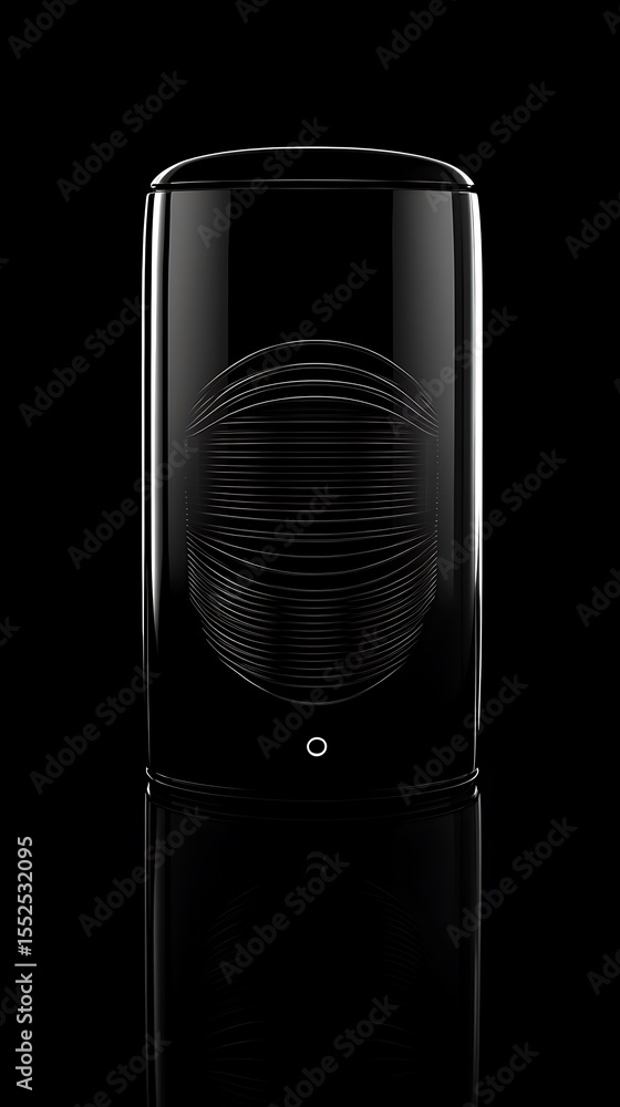 Poster polished black cylindrical device displays an intricate circular pattern reflecting the light effect