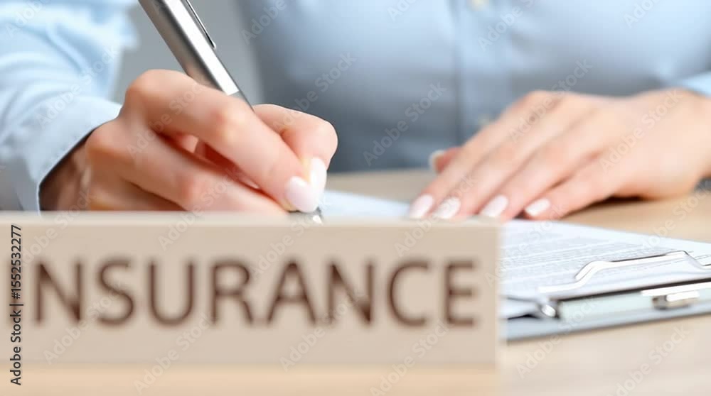 Poster insurance property protection and security with hand signing contract document using pen for asset s