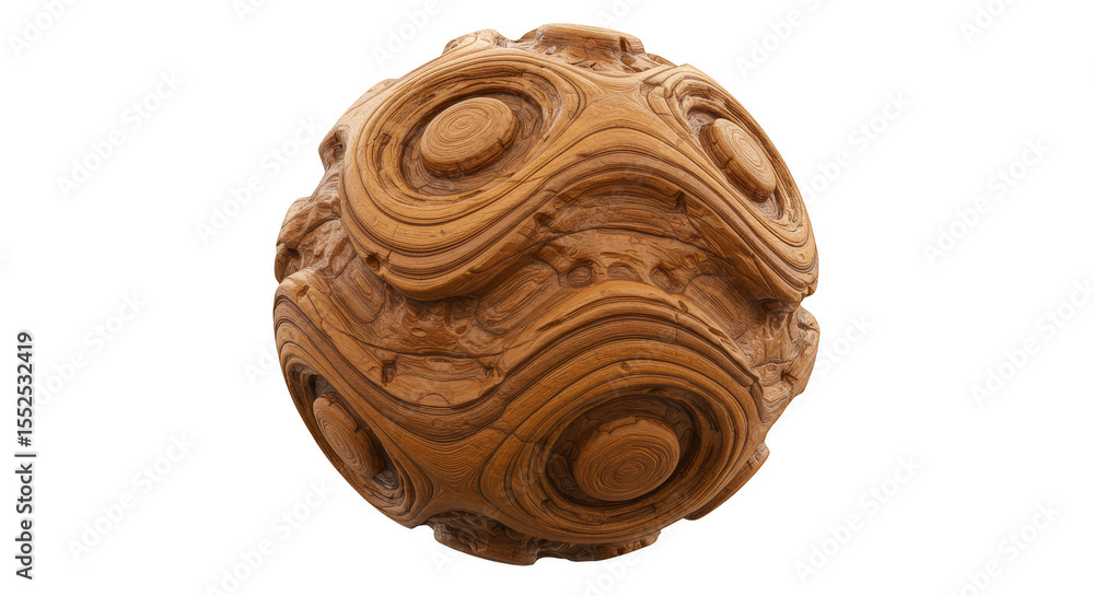 Poster isolated wooden sphere 3d rendering with circle pattern on transparent
