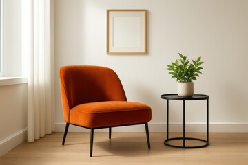 Scandinavian minimalist living room featuring statement orange velvet armchair with elegant picture frame mockup on pristine white wall