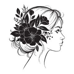 African Woman Silhouette with Floral Afro Hair and Earrings – Vector Illustration