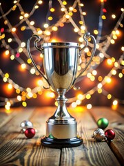 Silver trophy surrounded by festive lights and decorations on a wooden table