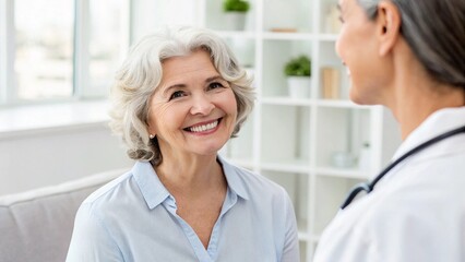 Fototapeta premium Happy Caucasian Senior Woman During Medical Check-Up by Doctor in Clean Hospital Room