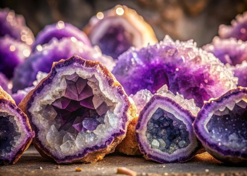 A cluster of amethyst geodes with intricate