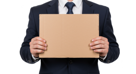 Man in Suit Holding Blank Cardboard Sign Isolated Transparent