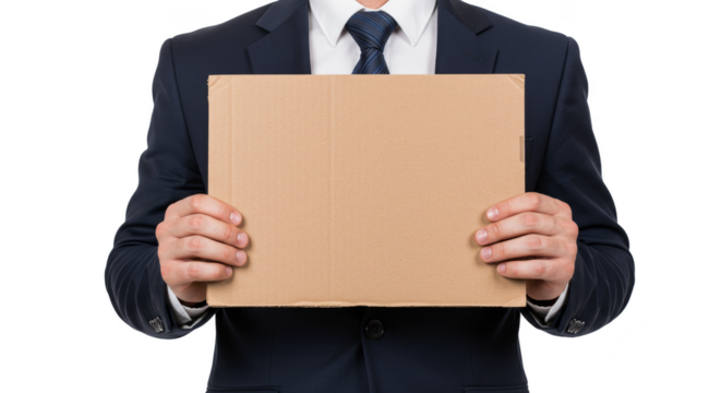 Man in Suit Holding Blank Cardboard Sign Isolated Transparent - Powered by Adobe