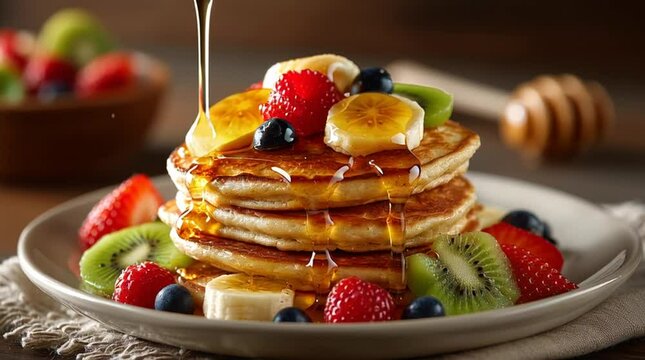 Ultra-realistic macro shot of golden honey drizzling on fluffy whole wheat pancakes topped with fresh banana and kiwi.