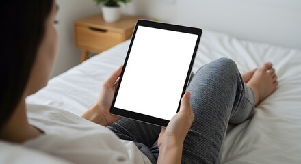 Woman Relaxing in Bed with a Blank Tablet Screen