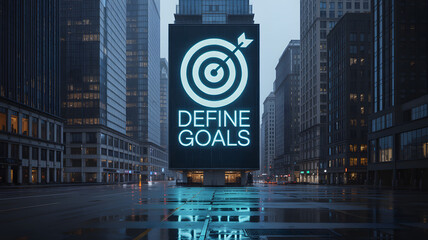 "DEFINE GOALS" text in glowing blue on skyscraper billboard at night with target icon
