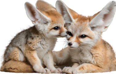 A cute baby fox cub and an adult fennec fox in love, transparent background