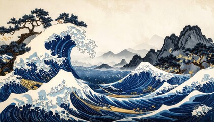 Dramatic Japanese Waves with Boats and Mountain Backdrop