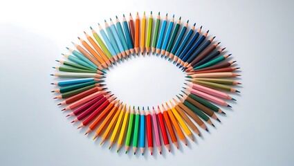 Obraz premium Vibrant colored pencils arranged in a circular pattern on a clean white background