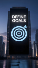 "DEFINE GOALS" text on illuminated skyscraper billboard with large blue target icon
