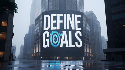 "DEFINE GOALS" text on curved LED billboard in foggy cityscape with target icon
