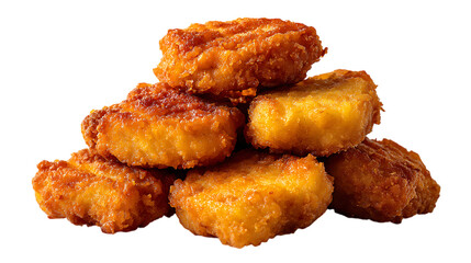 A pile of crispy golden brown chicken nuggets stacked together isolated on transparent background
