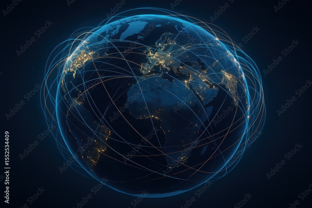Poster global network visualization with world map and international connectivity concept