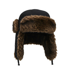 A cozy trapper hat with warm brown faux fur trim provides winter protection against cold weather and snow.