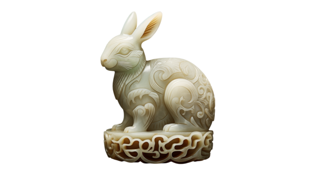 A carved jade rabbit figurine sitting on an ornate base against a transparent background in sharp focus