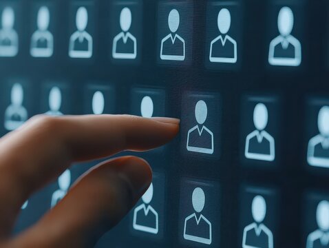 A hand is selecting a user icon from a digital touchscreen interface displaying multiple user profiles in a grid layout.