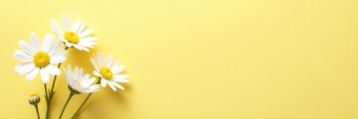 Delicate white daisies on pale yellow Minimal summer backdrop , simple, botanical, minimal