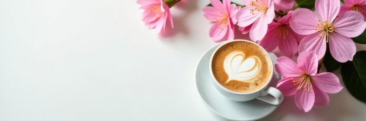 Pink spring blooms, cappuccino, tablet mockup on white Ideal for lifestyle blogs , pink, template