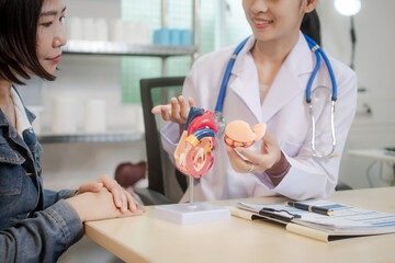 A young Asian female doctor consults with a patient seated across the desk. Using a heart model,...
