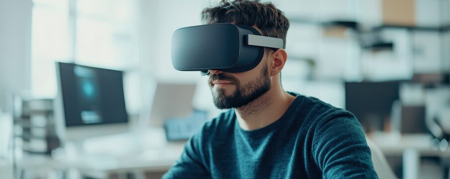 A man wearing a virtual reality headset is immersed in a digital experience in a modern office setting.