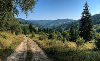 Panoramic view of a dirt road winding through a verdant valley, nestled amidst rolling hills covered in lush forests under a clear, bright sky