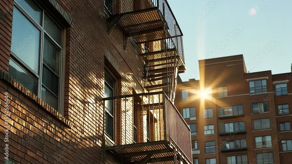 Poster Exterior View Of A Brick Building With Metal Fire Escapes Under Bright Sunlight Creating Warmth In The Urban Setting