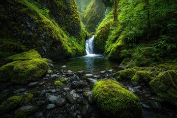 Lush greenery envelops a serene waterfall cascading into a moss-covered pool, nestled within a tranquil, shadowy gorge