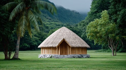 Sustainable tourism and business, A traditional thatched hut sits on a stone foundation surrounded by lush green grass, tropical trees, and misty forested mountains in the background.