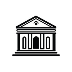 Bank Building Facade with Columns, Black Silhouette on White Background