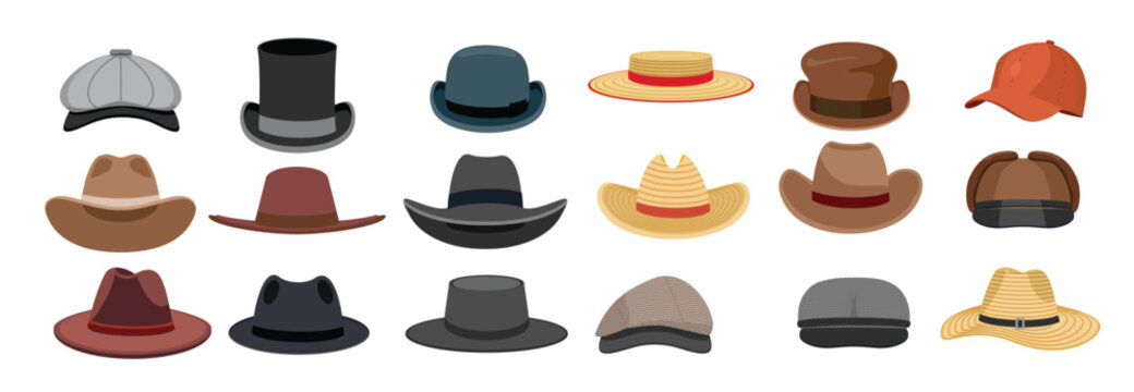 Different male hats. Fashion and vintage man hat collection image, derby and bowler, cowboy and peaked cap, straw hats and gentlemen cap set isolated. Flat design style. Vector cartoon illustration
