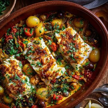 A traditional baked cod dish with potatoes, tomatoes, and herbs in a rustic earthenware pot