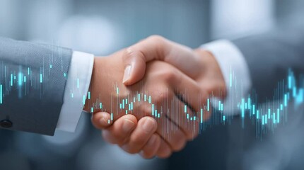 Handshake agreement with stock market graph overlay symbolizing marketing strategy, partnership, and success digital stock market data representing growth and financial opportunity market environment - Powered by Adobe