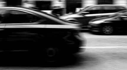 A candid street photograph depicting a jet-black car in motion, blurred for effect, showcasing deep shadows and spontaneous urban moments in pure black and white