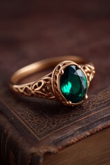 A beautifully crafted ring featuring a large green gemstone set in intricate metallic design, resting on a vintage book.
