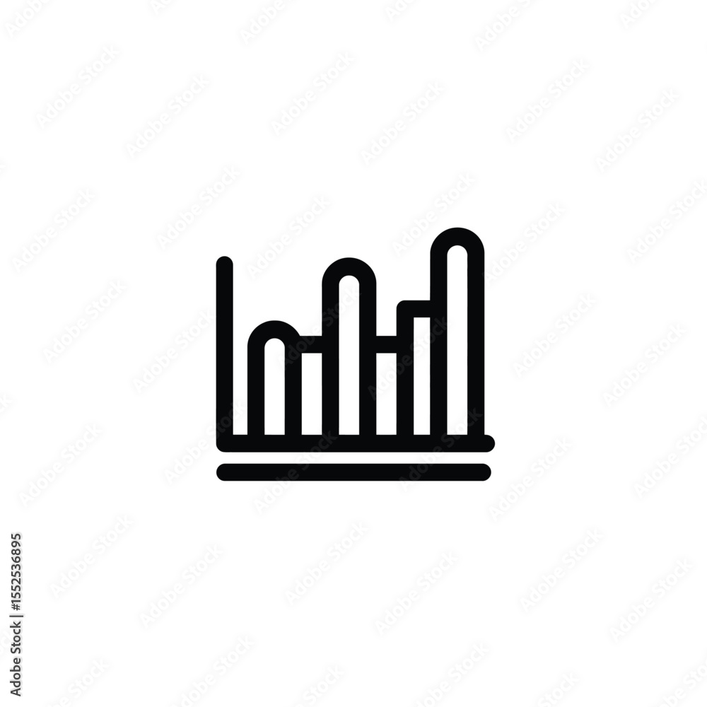 Poster black and white line icon depicting increasing bar graph with two base lines