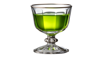 Elegant glass goblet filled with vibrant green liquid isolated on transparent background