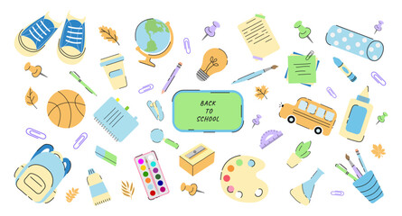 Trendy Flat School Supplies for Boy. Back to school. Books, Globe, Backpack, Stationery. Kids Vector Illustration in Doodle Style. Education Art Supplies and School Stationery, School Bus, Board.