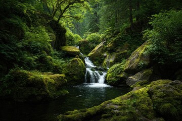 Obraz premium Lush greenery envelops a tranquil waterfall cascading into a moss-covered pool, creating a serene forest scene