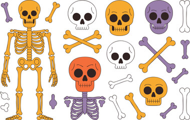 Halloween Skeleton and Skull Collection Vector Illustration: A Creepy Assortment of Bones, Skulls, and Skeletons for Your Halloween Designs on a Black Background