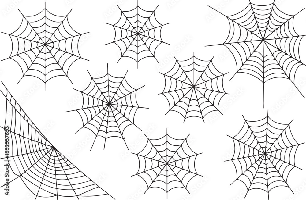 Poster spiderweb collection vector illustration: an array of intricate spiderwebs for your designs on a bla