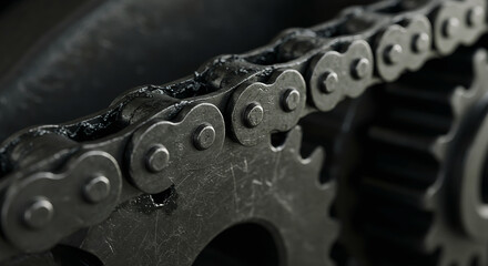 "Macro photo of worn metal chains, industrial strength and usage textures."

