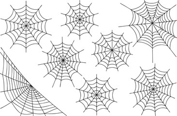 Spiderweb Collection Vector Illustration: An Array of Intricate Spiderwebs for Your Designs on a Black Background, Perfect for Adding a Touch of Creepiness