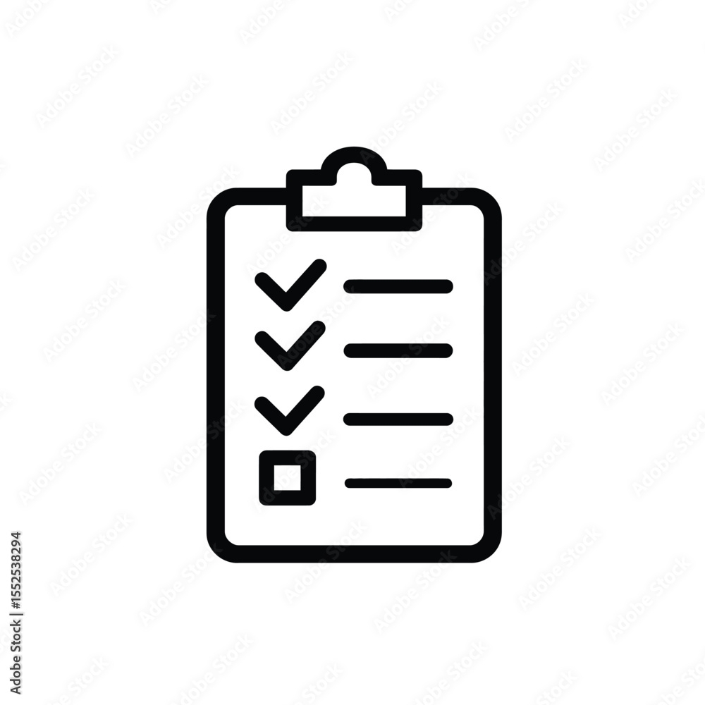 Poster black outline clipboard with checkmarks and text on transparent background