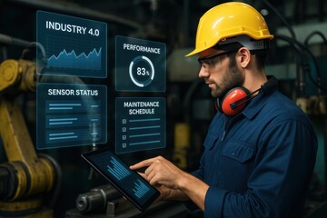 Industrial engineer analyzing predictive maintenance data on tablet device while monitoring advanced manufacturing equipment