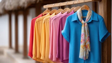 Sustainable tourism and business, Colorful blouses and shirts neatly hung on wooden hangers outside a rustic building with a thatched roof.